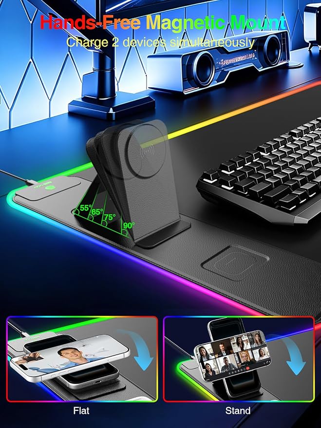 4-in-1 RGB Gaming Mouse Pad with Magnetic Wireless Charging & Phone Stand, 31.5"x15.8" Large, 24 Light Effects, Non-Slip Base, Waterproof Ultra-Smooth Surface, with Adatper