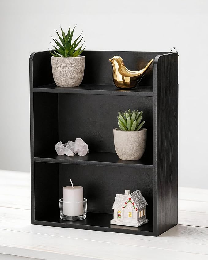 3-Tier Trinket Shelf, 10" x 12" Small Display Shelf for Desk or Wall, Wooden Knick-Knack Shelves for Collectibles, Perfume & Crystal Storage, Black