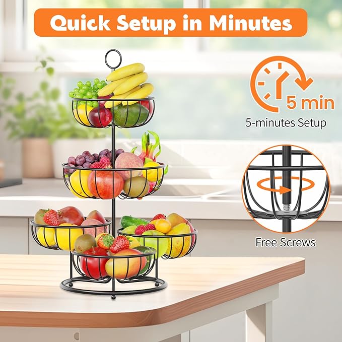 PouHenier.jh 5 Tier Fruit Basket Stand for Counter, Kitchen Tall Tiered Fruit Bowl Organizer for Dining Table Countertop, Multi Level Fresh Produce and Vegetable Holder Rack, Sturdy Metal Wire, Black