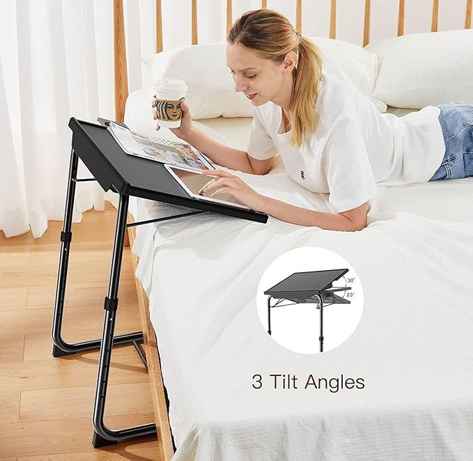 HUANUO TV Tray, Adjustable TV Tray Table - TV Dinner Tray on Bed & Sofa, Comfortable Folding TV Tray with 6 Height & 3 Tilt Angle Adjustments (Black)