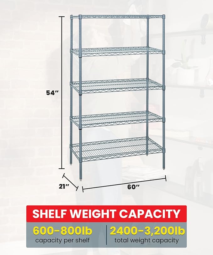 Quantum Storage Systems WR54-2160GY-5 Wire Shelving 5 Shelf Starter Units, 21" x 60" x 54", Gray Epoxy