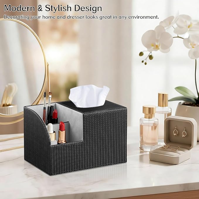 Tissue Box Cover Square with Storage, PU Leather Cube Tissue Box Holder, Multifunction Remote Control Nightstand Organizer, Modern Desk Caddy for End Table, Bathroom, Home, Office Decor