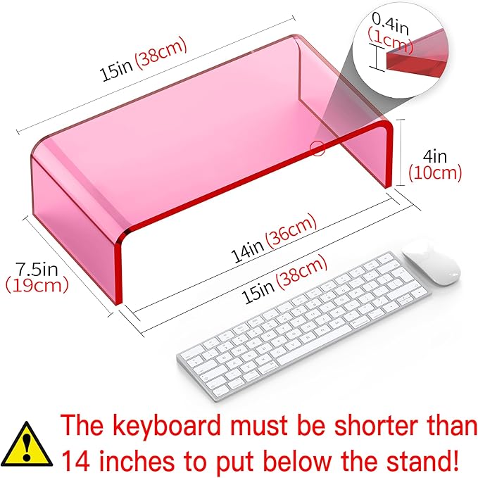 Acrylic Monitor Stand Riser 15-inch Acrylic Laptop Stand for Desk Clear Computer Monitor Stand for Desk Office Organizer for Office Home Bright Pink