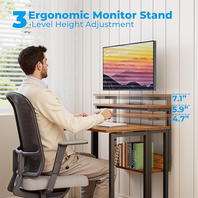 GreenForest Folding Desk with Adjustable Monitor Stand and Storage Shelf, 24.8in Small Desk with Wheels, Mobile Rolling Table for Small Spaces, Home Office, Walnut