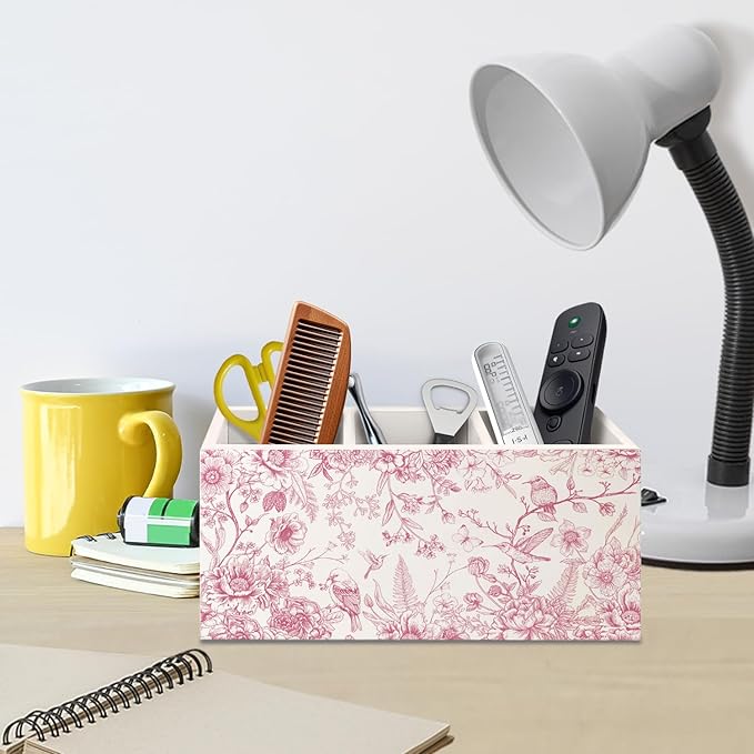 Chinoiserie Floarl Pen Holder for Home Office Desk, Vintage Home Decor, Chinoiserie Blue and White Floral Birds Makeup Brush Toothbrush Holder Organizer for Bathroom Desk Accessories(Pink)