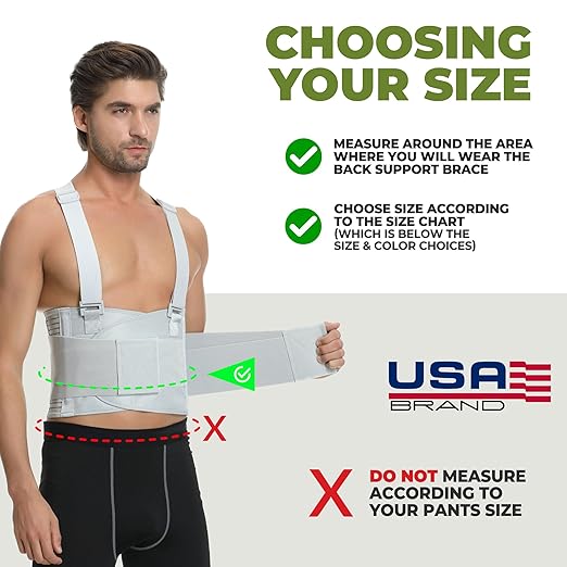 NeoTech Care Back Brace with Suspenders for Work - Industrial Lifting Safety, Elastic Compression, Hook & Loop Closure (Gray, Size L)