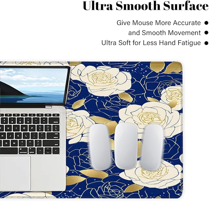 Large Mouse Pad Blue Gold Rose Non-Slip Rubber Long Gaming Desk Mat Big Computer Keyboard Mousepad Waterproof Protector Wristing Pad for Gaming Office Home Decorative 31.5 X 11.8 Inch