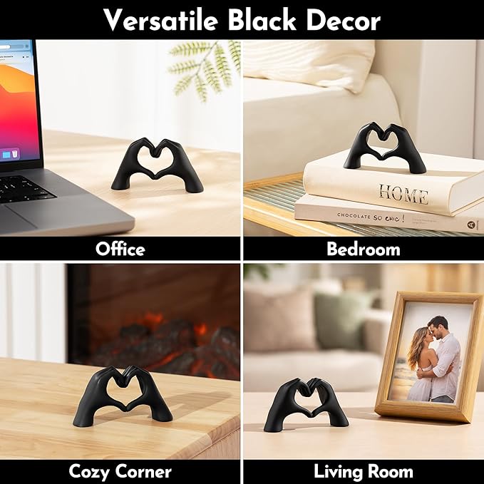 Black Decor Living Room – Mini Small Heart Hands Sculpture – Shelf Decor Aesthetic – Cute Home Accent Table & Shelves – Love Statue - Gifts Girlfriend, Wife, Women, Teen Girls, Valentine (Black, Mini)
