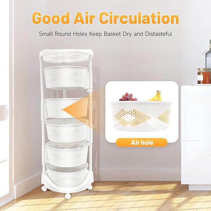 Fruit Basket for Kitchen, 5 Tier Circular Rotating Basket Large Storage Rack with Wheels, Standing Shelf Storage, Multi-Layer Storage Shelves with Top Lid for Living Room, Office, White (5-Tier)