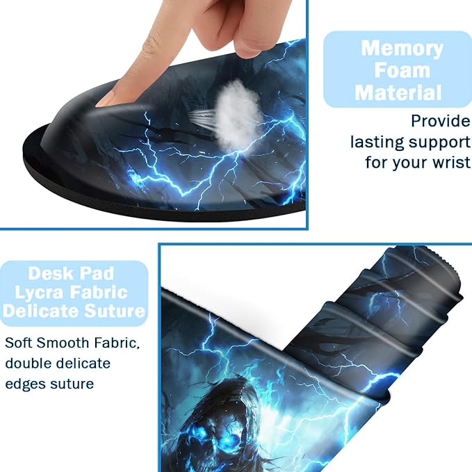 Ergonomic Mouse Pad Set with Wrist Support for Keyboard and Wrist Rest for Mouse, Memory Foam Comfort, Non-Slip Large Desk Mat for Home Office Pain Relief,Blue Glow Skull
