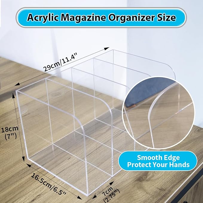 Jumyee 4 Vertical Compartments Acrylic Magazine File Holder, Clear Desk File Organizer Sorter, Mail Organizer Office Organization Storage Binder Holder for Desk, Magazine, Books