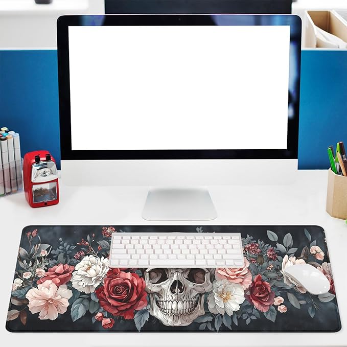 Fantasy Skull Mouse Pad Retro Roses Pink White Red Flowers Extended Mousepad XXL Computer Laptop Keyboard Mouse Mat Big Aesthetic Desk Decor Pad 31.5x11.8 in
