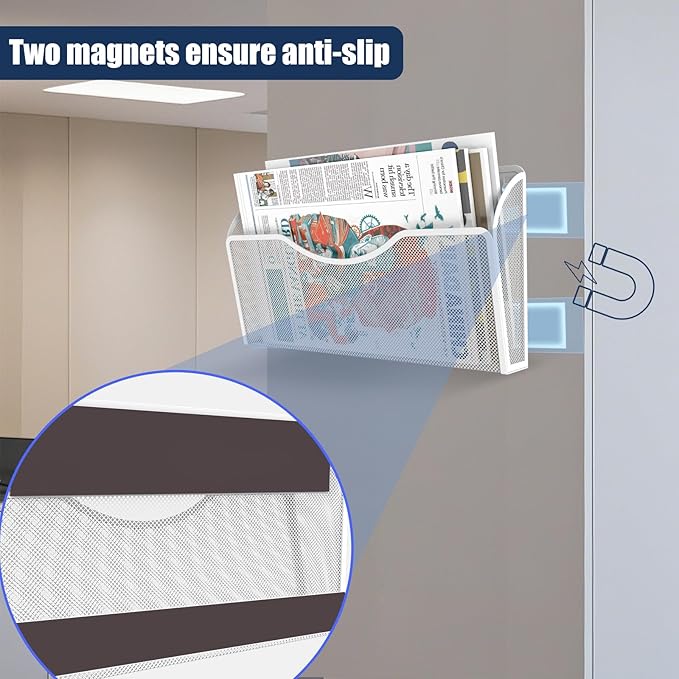6PCS Magnetic File Holder - File Paper Mail Organizer, No Drilling Magazine Paper Document Holder, Hanging Magazine Rack for Refrigerator, White Metal Wire Mesh, 13.5 x 2 x 8.5 inches