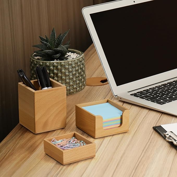 Desk Organizer Set of 3 - Wood Office Desk Accessories - Desk Organizers and Accessories for Women Men - Set incl. Pencil Pen Holder, Paperclip Storage and Sticky Note Holder