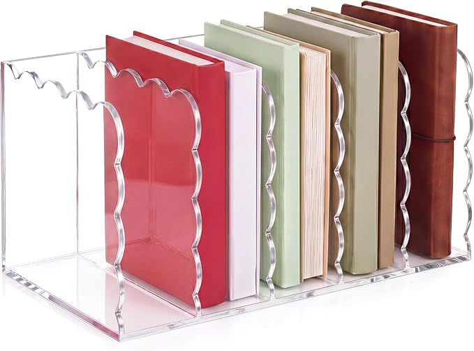 Suzile Scalloped Acrylic Magazine File Holder, 5-Compartment Clear Desk Organizer Vertical Bookends Organization for Office, Binders, Documents, Tablets, Magazines, Books(13.98 x 7.28 x 6.5 Inches)