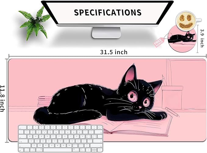 Extended Mouse Pad with Coaster 31.5 x 11.8 Desk Pad Full Desk Mousepad Stitched Edges Desk Mat Long Large Gaming Mouse Pad for Desk Office Home Cat Pink