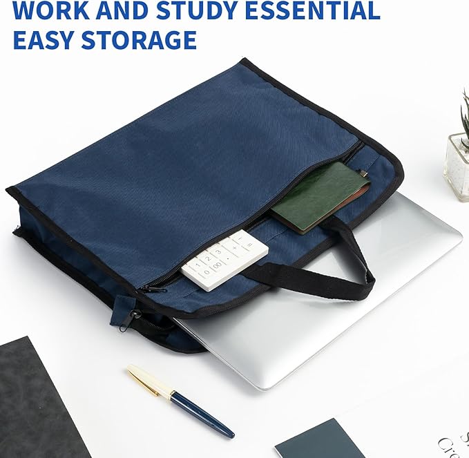 M&G 12x15 in Large Zipper Pouch with Handle, A4 Foldable Heavy-Duty Waterproof Oxford Zipper Document Bag, File Organizer for Office Travel Books Papers Filing Folder, Double Layer 1 Pack (Dark Blue