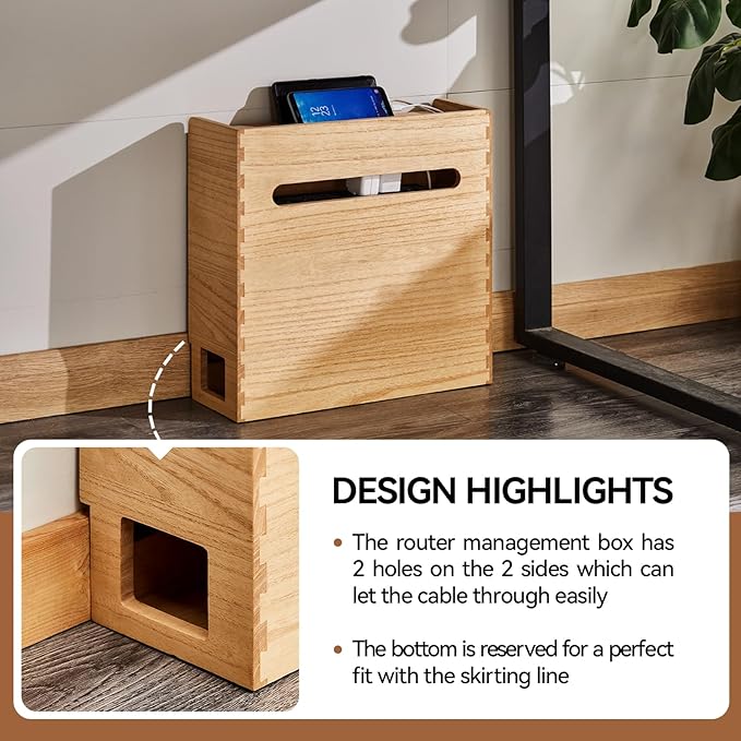 KIRIGEN WiFi Router Storage Box, Wooden Cable Management Box with 3-Tier Shelf, Modem and Power Strip Organizer for Desk, TV Stand, Home Office, Living Room, Natural LYQ-NA