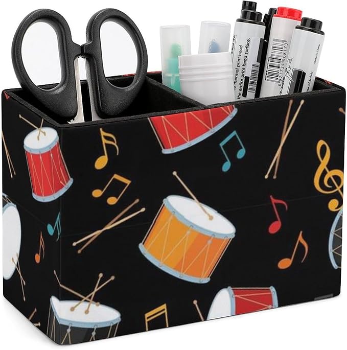 Square PU Leather Pencil Cup Black Drum Kit, Sleek Stationery Organizer for Your Workspace
