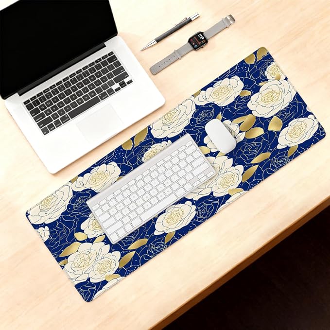 Large Mouse Pad Blue Gold Rose Non-Slip Rubber Long Gaming Desk Mat Big Computer Keyboard Mousepad Waterproof Protector Wristing Pad for Gaming Office Home Decorative 31.5 X 11.8 Inch