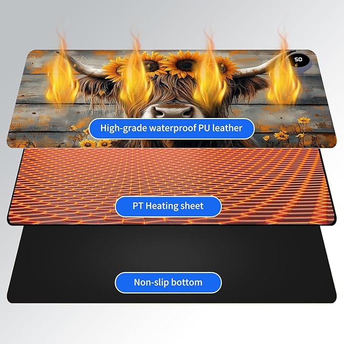 Heated Mouse Pad,Warm Desk Pad with 3 Levels Heating & 3 Hours Auto Shut-Off, PU Leather Heated Desk Pad Warmer Pad for Home Office - 23.6 x 14.2 inch,Highland Cow Wood Grain