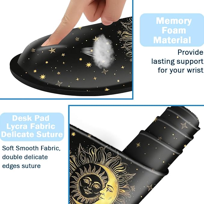 Ergonomic Mouse Pad Set with Wrist Support for Keyboard and Wrist Rest for Mouse, Memory Foam Comfort, Non-Slip Large Desk Mat for Home Office Pain Relief,Sun Moon Star