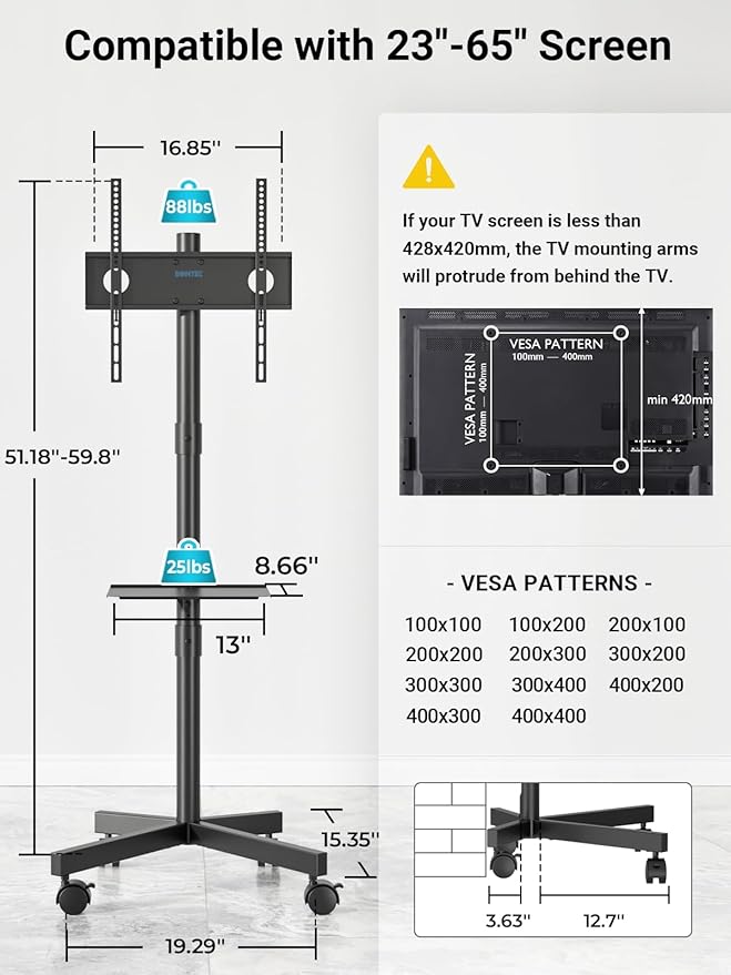 BONTEC Mobile TV Stand for 23-65 Inch TVs, Rolling TV Stand with Locking Wheels, Adjustable Height, Media Shelf, Outdoor TV Stand Max VESA 400x400mm, Holds Up to 88lbs