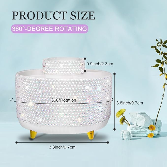 Bling Silver Rhinestone Desk Organizer with 5 Slots 360 Degree Rotating, Bling Pen Holder Makeup Brush Holder for Women, Silver Rhinestone Office Accessories