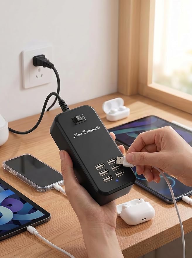 USB Charger Station, 6 Port Desktop Charging Station for Multiple Devices, Wall Power Strip with Switch