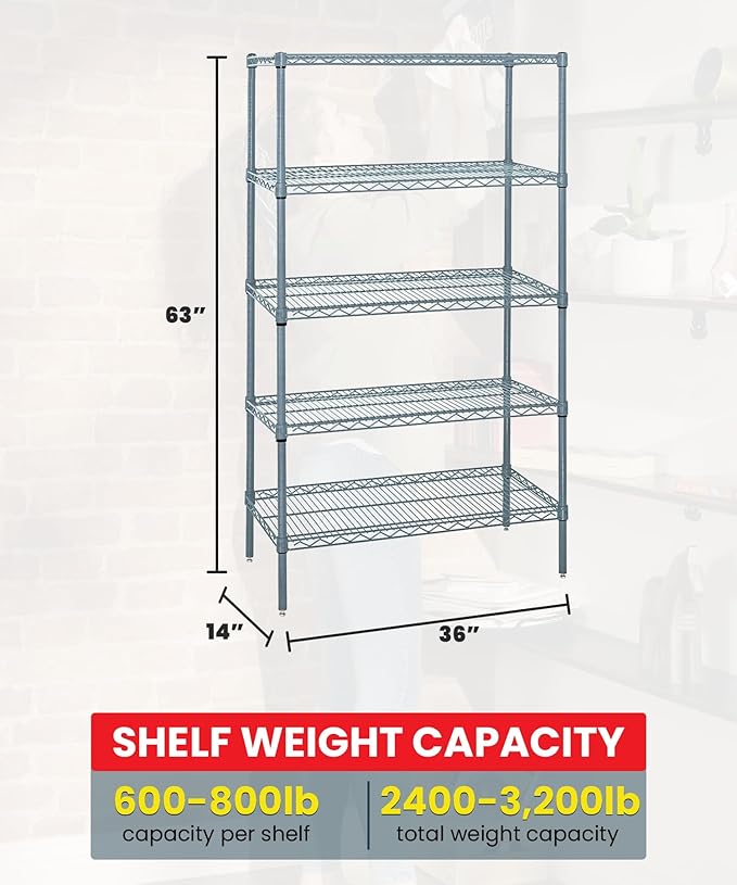Quantum Storage Systems WR63-1436GY-5 Wire Shelving 5 Shelf Starter Units, 14" x 36" x 63", Gray Epoxy