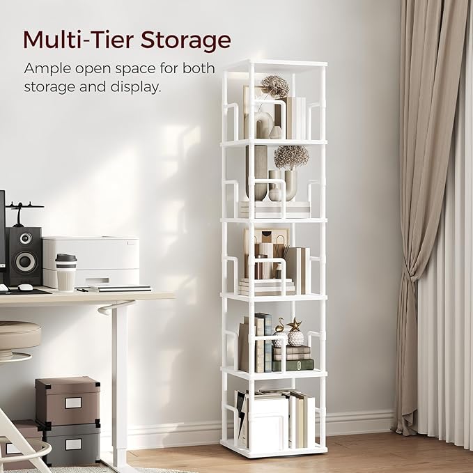 MAHANCRIS 5-Tier Rotating Bookshelf, Freestanding Corner Bookshelf, 360° Spinning Bookcase, Industrial Style Storage Rack with Rails, for Living Room, Bedroom, Study, White BKWT1601