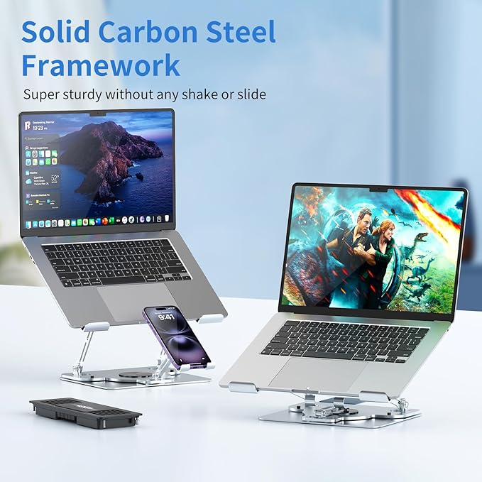 Laptop Cooling Pad with Detachable Fan & Cooler, 2-in-1 Laptop & Phone Stand, Adjustable Angle, 360° Rotatable Base, Carbon Steel, Ultra-Quiet & Super Sturdy for Laptop (Silver Gray)