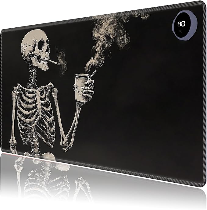 Heated Mouse Pad,Warm Desk Pad with 3 Levels Heating & 3 Hours Auto Shut-Off, PU Leather Heated Desk Pad Warmer Pad for Home Office - 23.6 x 14.2 inch,Skeleton Drinking Coffee