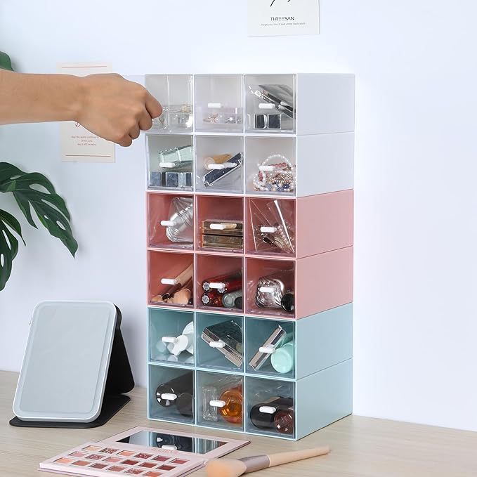 Desktop Drawers, Desk Organizer with 9 Drawers, Stackable Plastic Storage Box for Home Collection, Cosmetics, Jewelry, Office Supplies (3 Tiers, Mixed Colors)