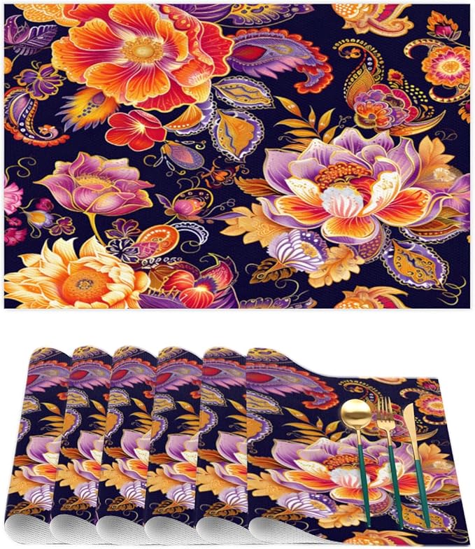 Placemats Set of 4 Heat-Resistant Rectangle Place Mats Ethnic Boho Flower Washable Plastic PVC Dining Table Mat Non-Slip Wipeable Woven Vinyl Placemat for Kitchen Patio Table Decor