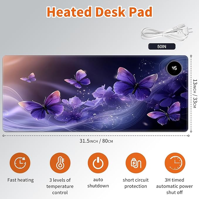Heated Mouse Pad,Warm Desk Pad with 3 Levels Heating & 3 Hours Auto Shut-Off, PU Leather Heated Desk Pad Warmer Pad for Home Office - 31.5 x 13 inch,Purple Butterfly