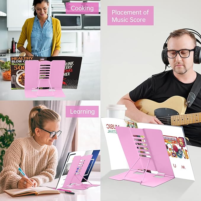 Honagu Book Stand Metal Desk Book Holder, Book Holders for Reading Hands Free, Adjustable Cookbook Documents Holder, Portable Bookstand for Music Books, Textbook, Recipe, Tablet, Ipad (Pink)
