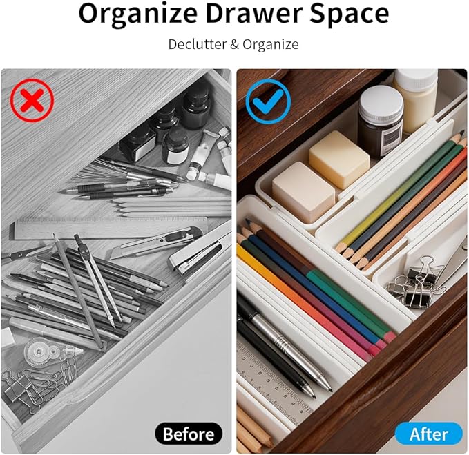 Adjustable Drawer Organizers Expandable,Drawer Divider Inserts for Makeup Cosmetics,Underwear Socks,Office Supplies,or Bathroom Storage,Multi-Purpose Plastic Drawer Trays