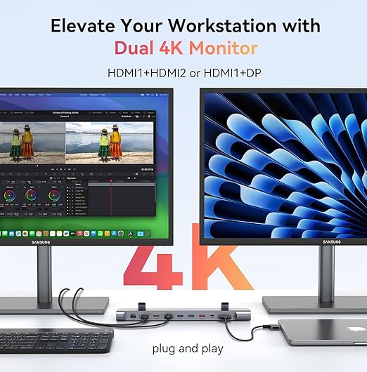 TobenONE MacBook Docking Station Dual 4K@60Hz Monitor, 16-in-2 USB C Docking Station Stand with 2.5Gbps Ethernet,100W GaN Power Supply, 2 HDMI&DP, 5 USB Ports