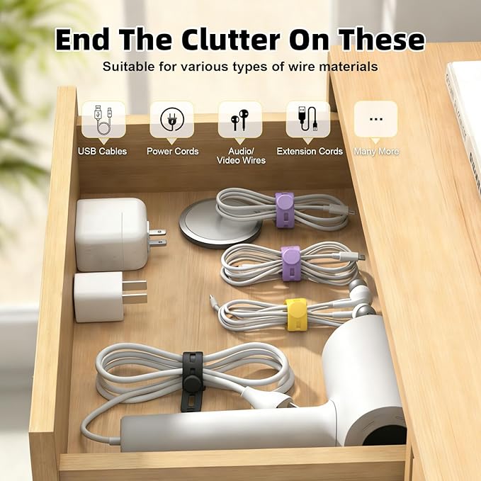 28Pcs Silicone Cable Ties Reusable, Multipurpose Cable Management Organizer, Adjustable Fastening Cable Straps with Locking Buckles, High Elasticity Cord Organizer, Travel Essentials(2 Sizes, 7Colors)