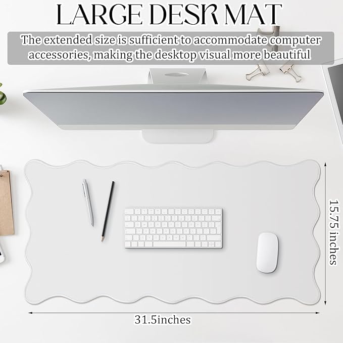 Hahafelt Scalloped Desk Mat Large Desk Pad Cute Coquette Table Mat Aesthetic Preppy Table Make up Pad Nonslip 2026 Graduation Gift with Stitching Waterproof Gaming(White,31.5 x 15.8 Inches)