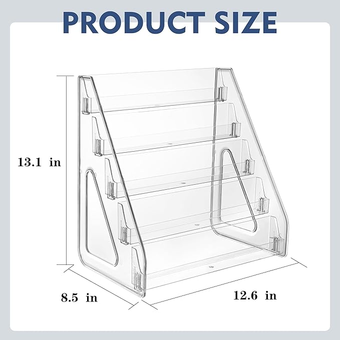 2 Pack 5-Tier Acrylic Brochure Holder 12x13 Inch Countertop Pamphlet Display Stand & Literature Organizer, Tiered Desk Rack for Office Home Store Flyers Booklets Table Signs