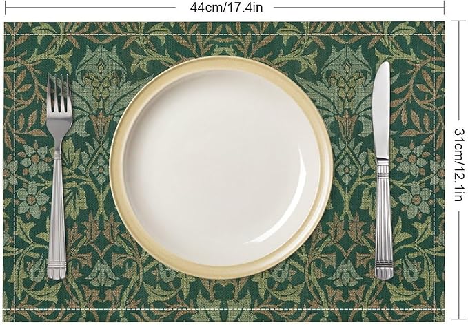 William Morris Floral Placemats Vintage Flower Art Style Boho Chic Retro Floral Linen Washable Table Mats Stain Heat-Resistant Desktop Decor Place Mats for Home Kitchen Dining Party 12x18 in 6 Pcs