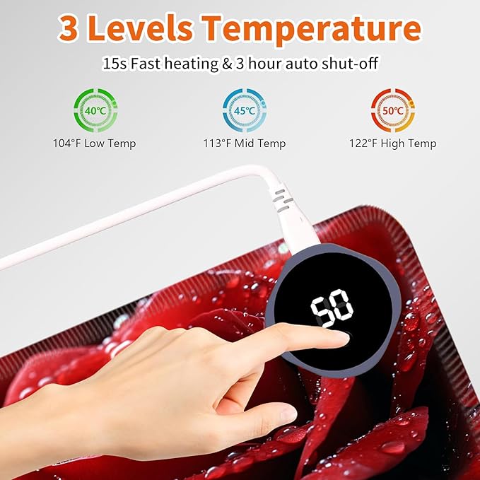 Heated Mouse Pad,Warm Desk Pad with 3 Levels Heating & 3 Hours Auto Shut-Off, PU Leather Heated Desk Pad Warmer Pad for Home Office - 23.6 x 14.2 inch,Red Rose