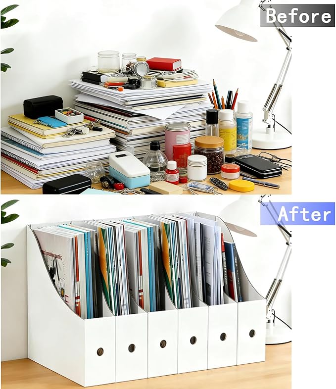 Limitliho 12 Pack White and Black Cardboard Magazine Holder, Magazine File Holder for Home, Office, Desk, 10.6'' H×10.2'' L ×3.5''W Magazine Storage Box, Sturdy Book Bins for Classroom Library