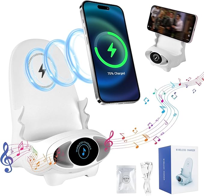 Mini Chair Wireless Fast Charger Multifunctional Phone Holder, Portable Mini Chair Wireless Charger, 3 in 1 Cell Phone Stand for Desk, Charging Desktop Cellphone Stand with Speaker Function (White)