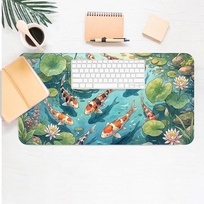 Cute Desk Mat, Koi Fish Large Mouse Pad for Desktop, PU Leather Waterproof Desk Pad, Anti-Slip Computer PC Laptop Protector Gaming Mouse Pads for Office Home Decorations (23.6" x 11.8")