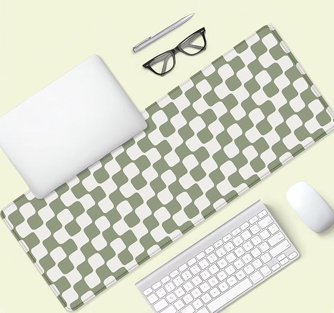 Retro Checkerboard Grid Pattern Extended Mouse Pad, Beige Sage Green Wavy Checkered Desk Mat, Non-Slip Large Gaming Mousepad for Computer Laptop Decor, 31.5x11.8 inch