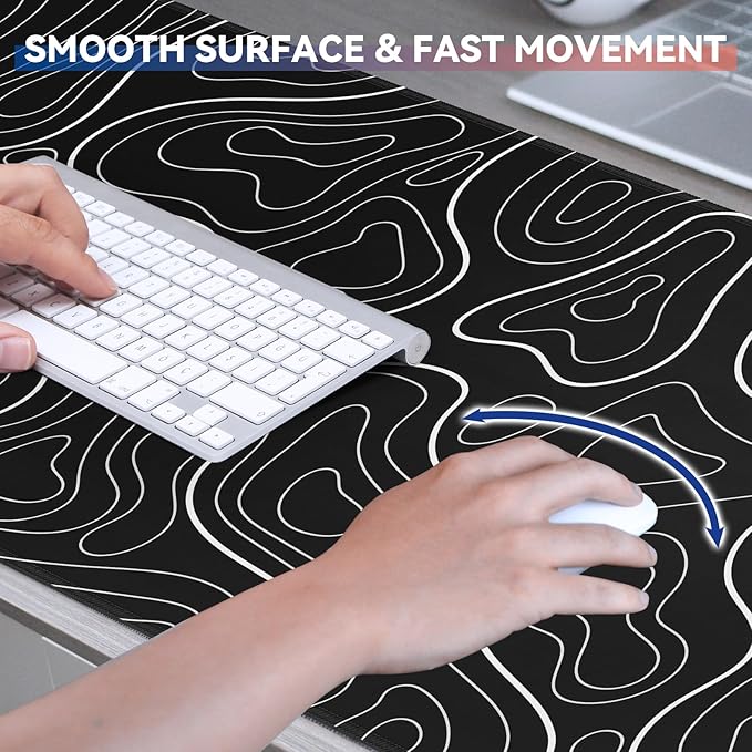 Gaming Mouse Pad Big Mousepad with Non-Slip Rubber Base, 31.5 x 11.8 in XL Large Desk Mat for Gaming Home Office, Long Keyboard Pad Mouse Mat for Computer with Stitched Edges, Black Topographic