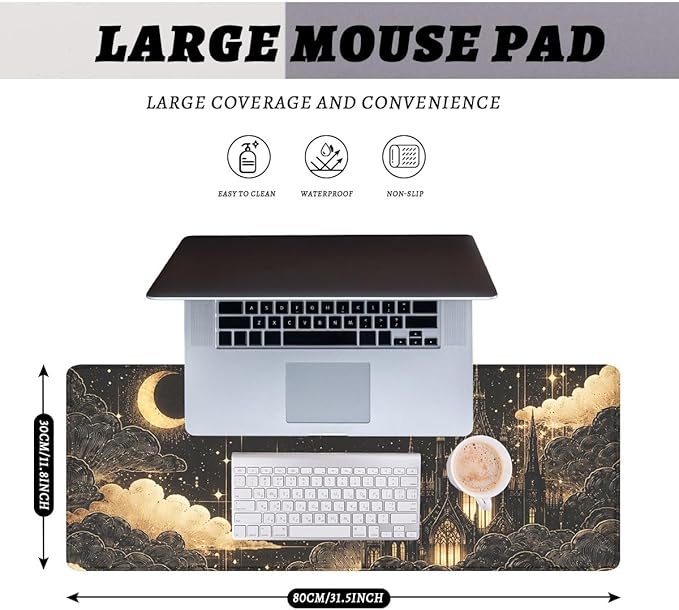 Fantasy Castle Mouse Pad Celestial Gothic Night Extended Gaming Mouse Pad Mat with Stitched Edge Non-Slip Base Office Computer Keyboard Laptop 31.5"x11.8"